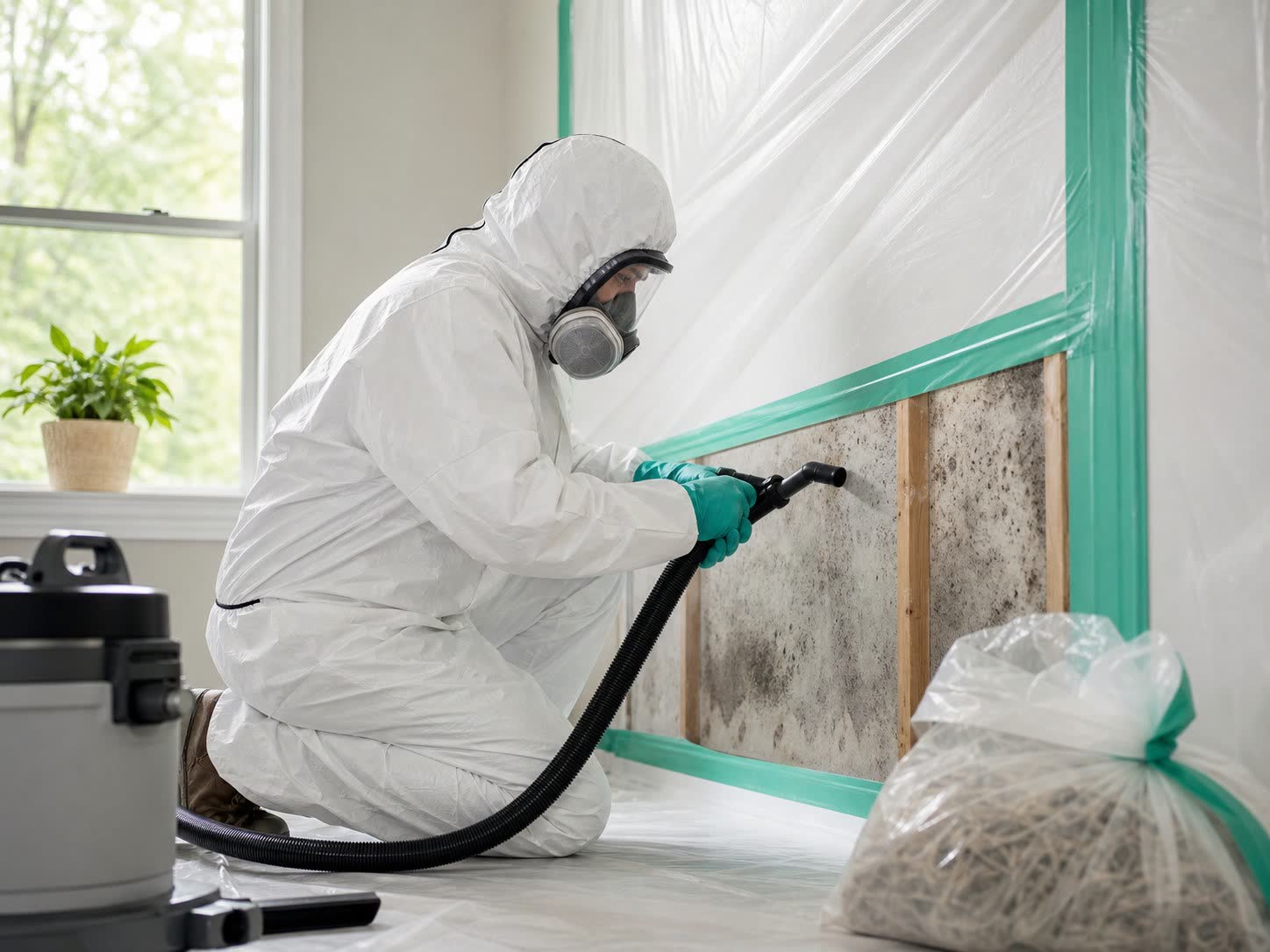 Mold remediation technician inspecting visible growth inside a protected work area
